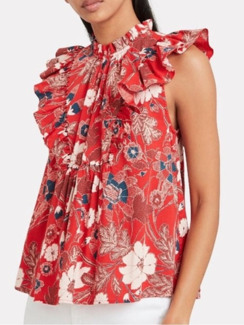 Ulla Johnson Ida Ruffle Floral Blouse XS 2 Red